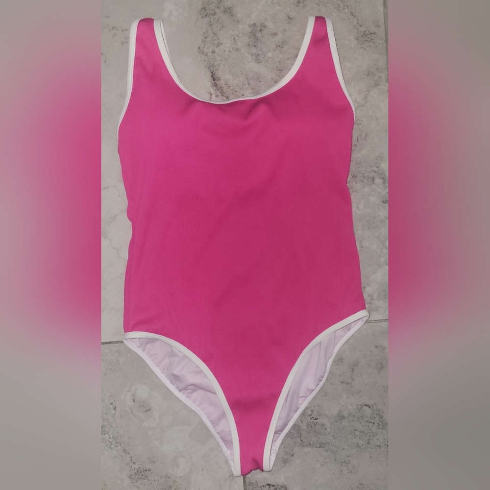 Hot Pink Ribbed One Piece Swimsuit White Trim Like New Size Med